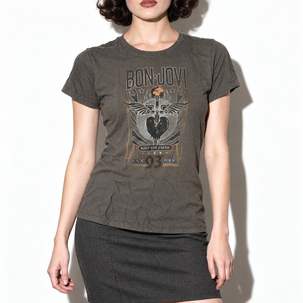 Bon Jovi USA 93 Tour Graphic Tee Women XS Gray Y2k Babydoll T Shirt Cotton